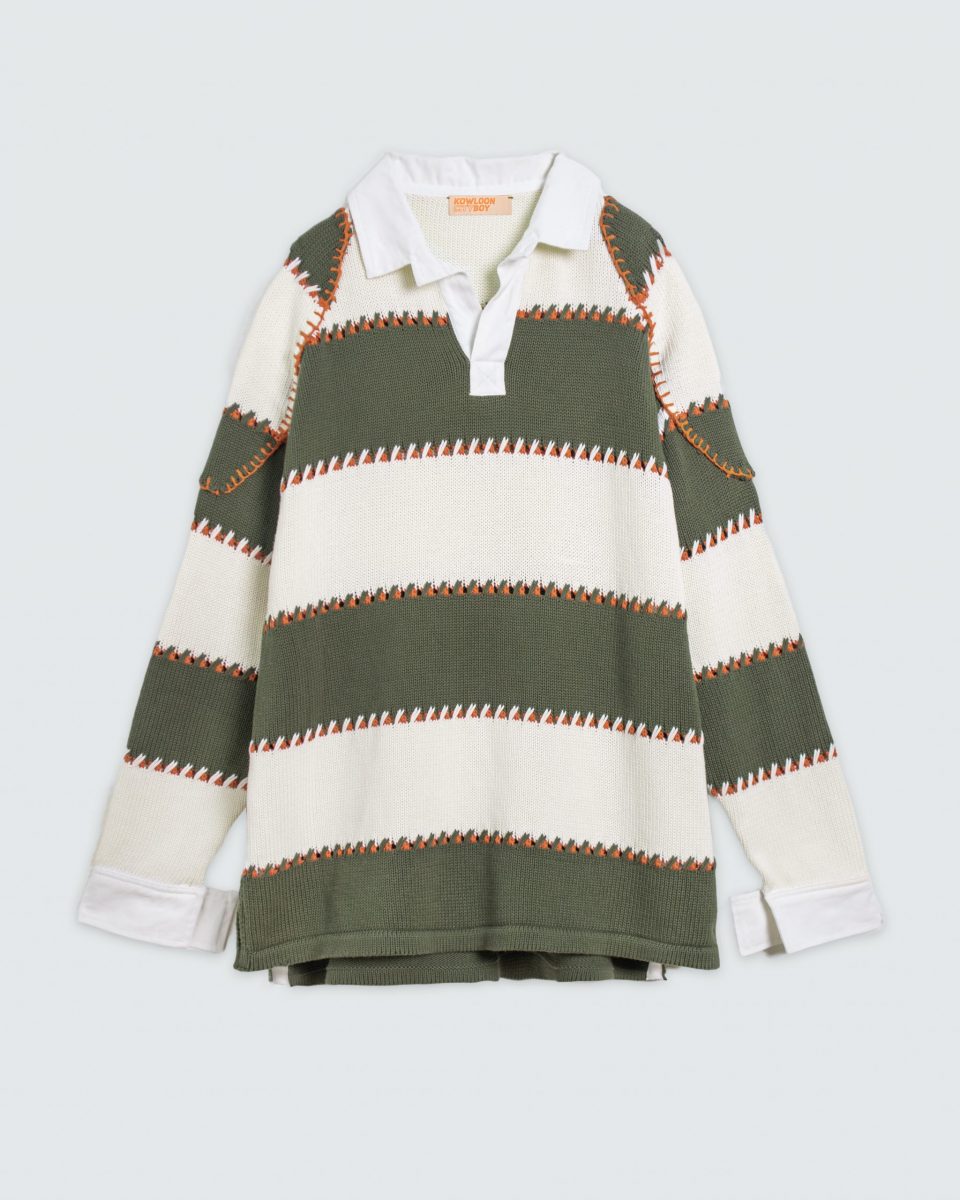 Striped Polo Sweater [Off White/Olive] | KOWLOON CITY BOY